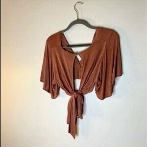 Deep V-Neck Flowy Butterfly Sleeve Tie Back Crop Top Dusty Mauve size Small